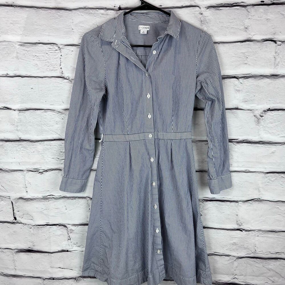 J.Crew Blue White Stripe Shirt Dress Button Front Long Sleeve Size 2 - Picture 2 of 6